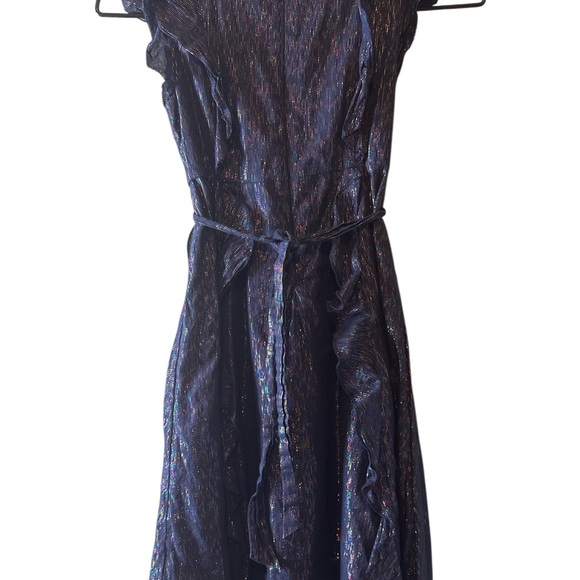 Crew cuts GirlsShimmering Blue Metallic Ruffle Dress Cap Sleeves Tie Belt - Picture 2 of 3